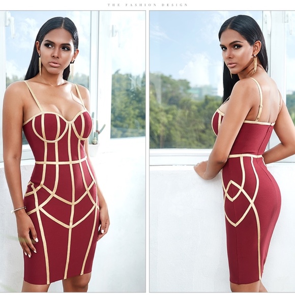 🎥 Bandage Slim Dress with Contrast Trim Burgundy - Picture 8 of 15